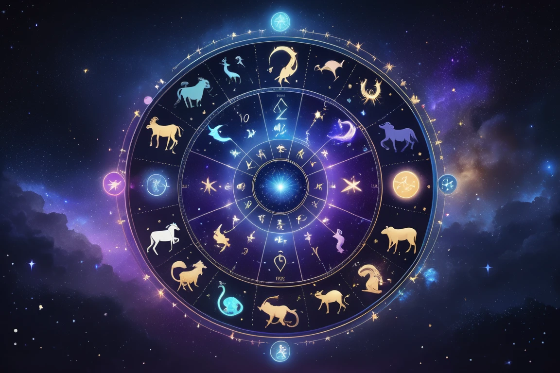 Horoszkóp kör csillagjegyekkel és csillagokkal az ünnepi év végi időszakhoz.