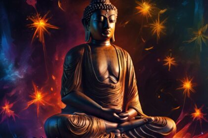 Egy Buddha szobor meditáló pózban, színes háttérrel, amely a manifesztációt szimbolizálja.