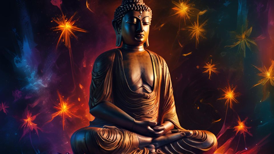 Egy Buddha szobor meditáló pózban, színes háttérrel, amely a manifesztációt szimbolizálja.