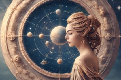 Egy női figura, aki a csillagok és bolygók előtt áll, a horoszkóp világát szimbolizálva.
