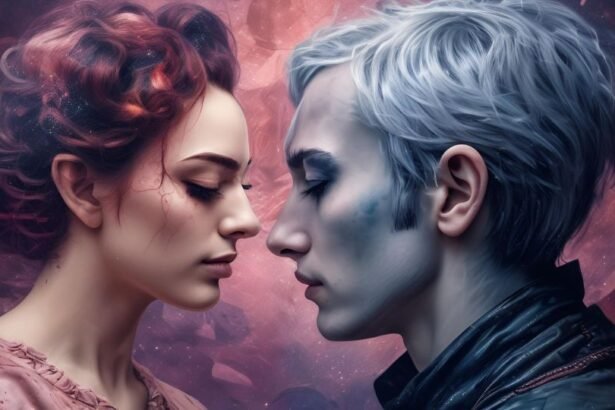 Egy férfi és egy nő közel állnak egymáshoz, intenzív érzelmekkel a tekintetükben.