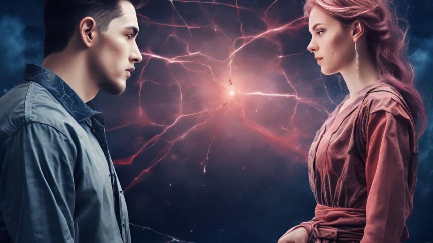 Egy Kos férfi és egy nő szemben állnak, intenzív pillantással, a háttérben csillagokkal.