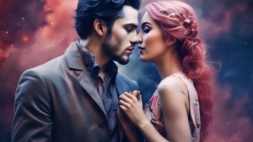 Egy férfi és egy nő közel hajol egymáshoz, szenvedélyes pillantással.