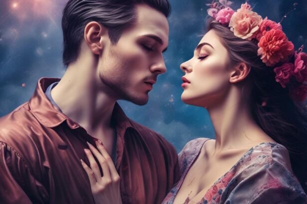 Egy férfi és egy nő közel állnak egymáshoz, romantikus pillanatban.