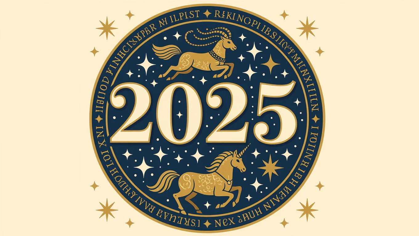A 2025-ös év szimbóluma, egy unikornis és csillagok díszítik.
