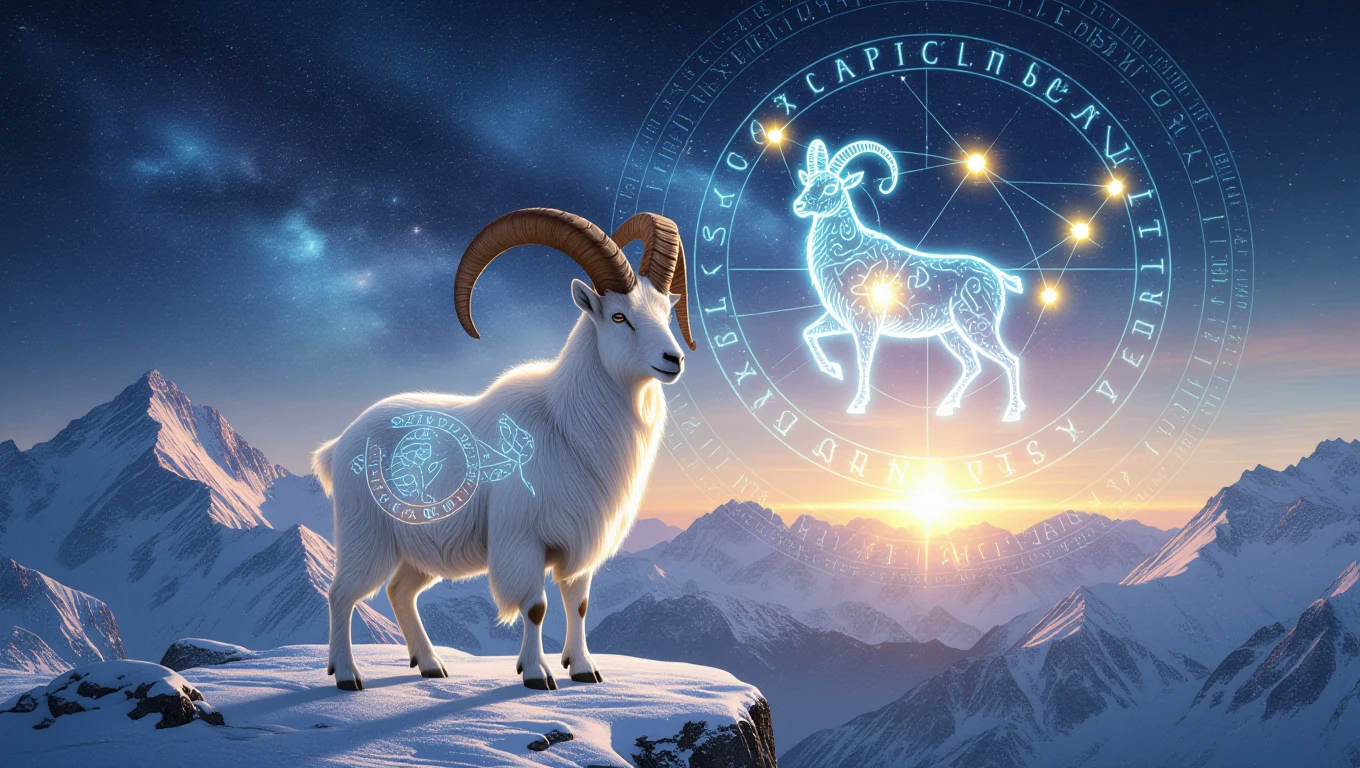 Bak szülött halak aszcendenssel jellemzői Egy hegycsúcson álló kos, háttérben csillagképek és napfelkelte.