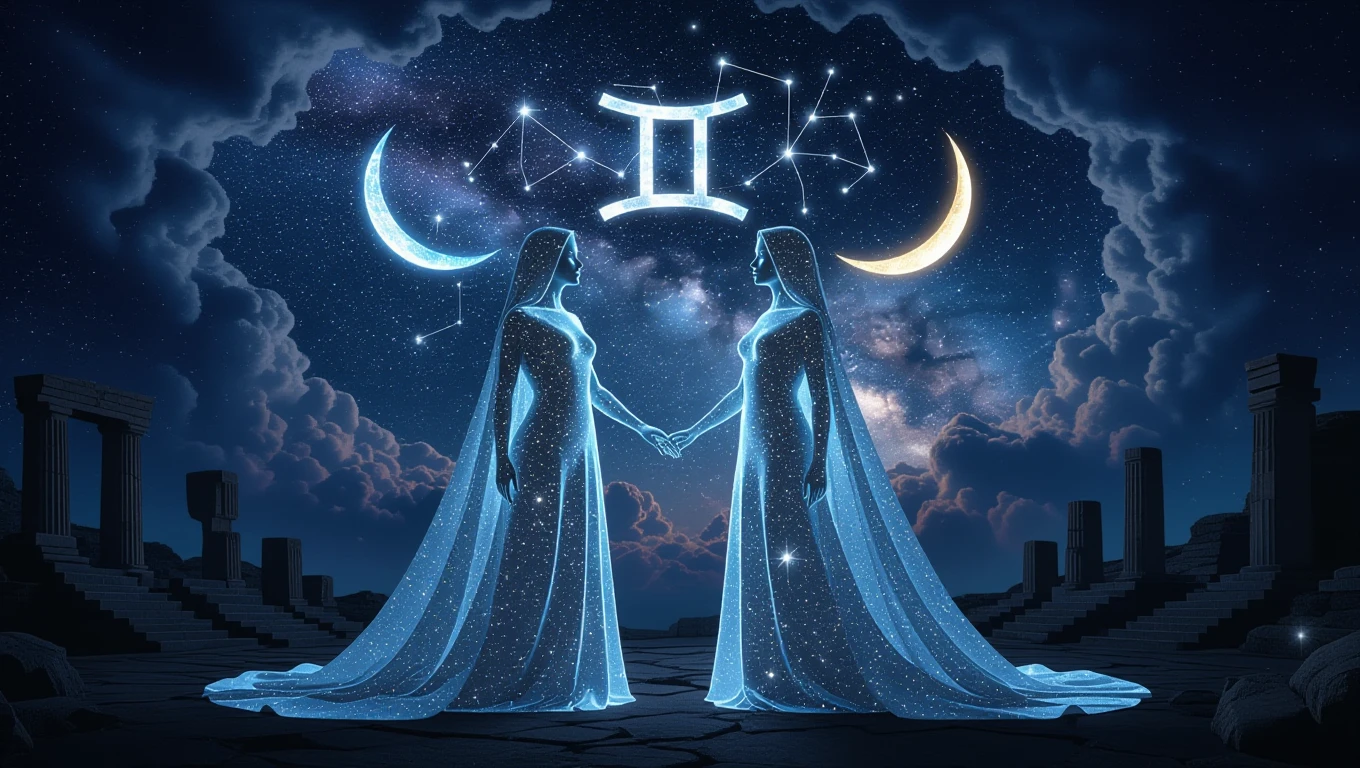 Két csillagjegy szimbólumot ábrázoló női alak, csillagokkal és holdakkal körülvéve.