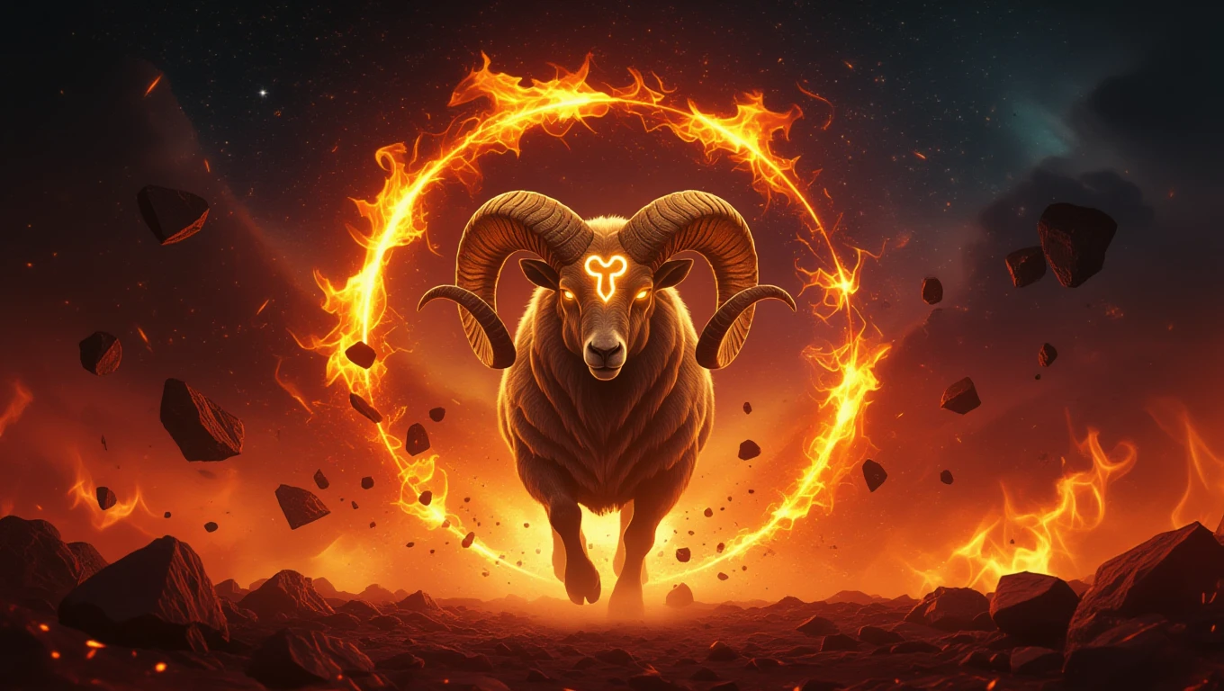 Kos szülött kos aszcendenssel jellemzői Egy tüzes kos, amely dinamikusan lép előre, körülötte lángok és sziklák.
