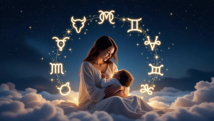 Egy anya öleli a gyermekét, körülöttük csillagjegyek szimbólumai ragyognak az éjszakai égbolton.