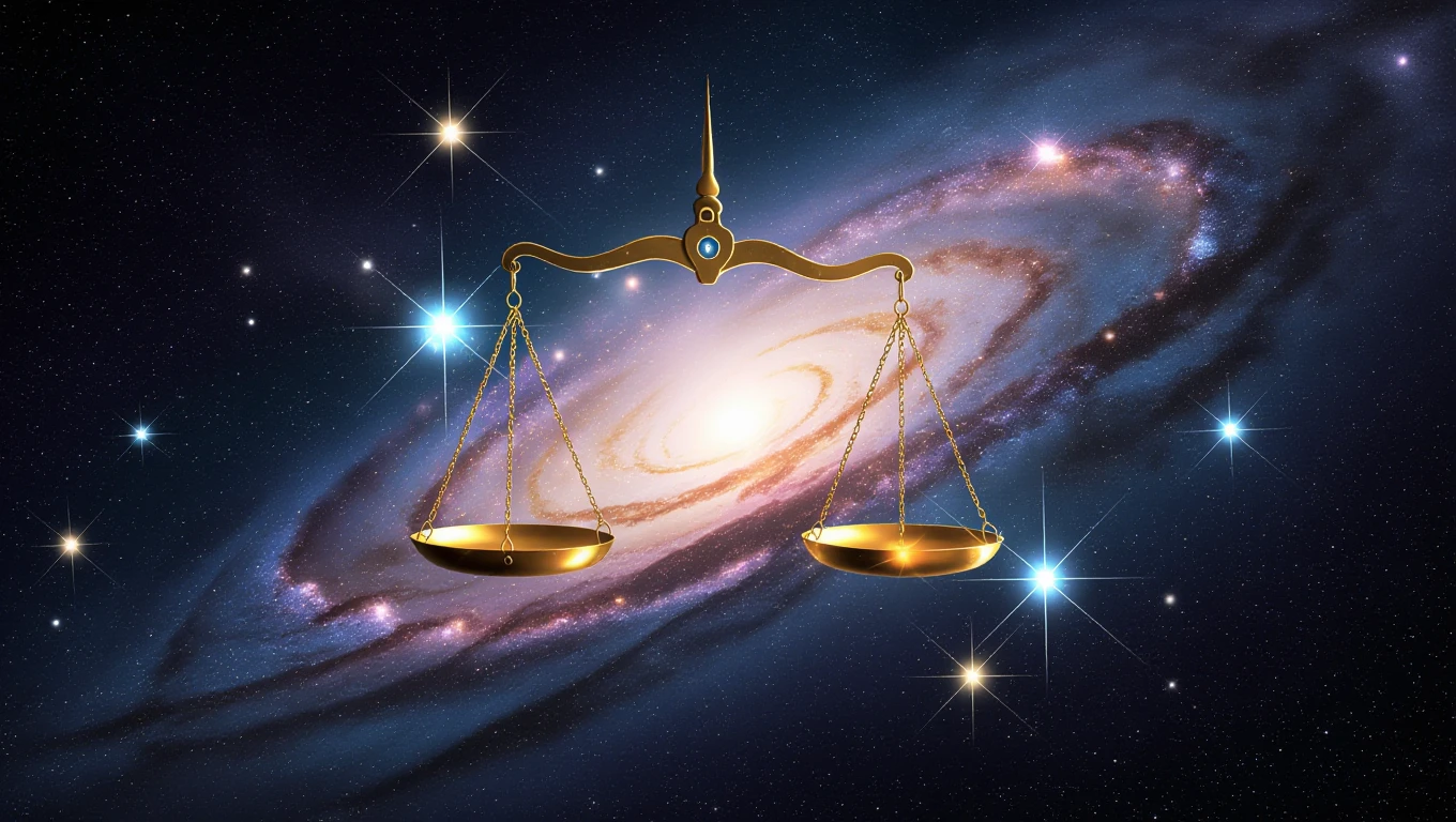 Mérleg szülött vízöntő aszcendenssel jellemzői Arany mérleg a galaxis háttér előtt, a harmónia szimbóluma.