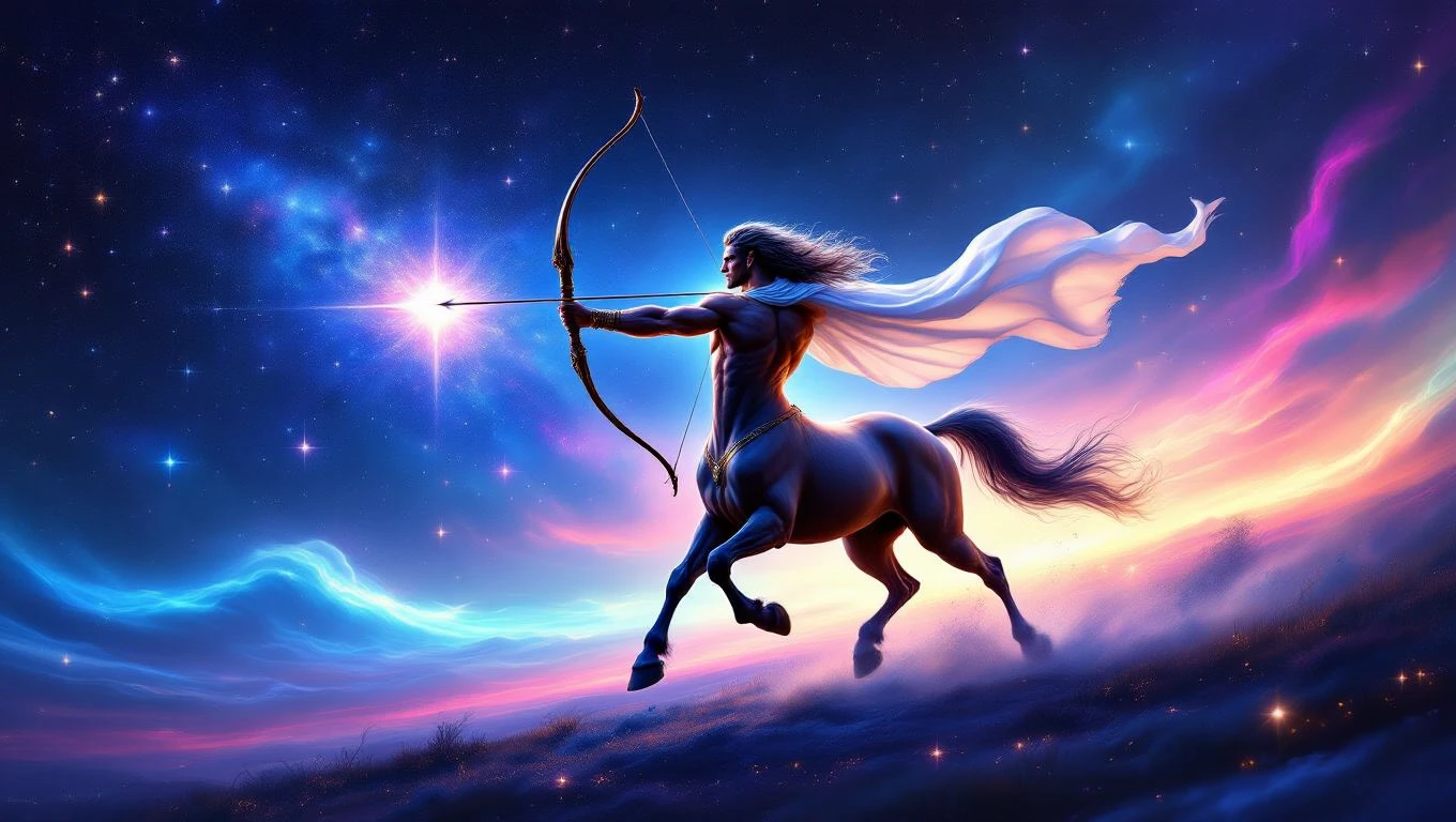 Egy Nyilas szimbólumot ábrázoló mitikus lény, íjjal a kezében, csillagos háttér előtt.