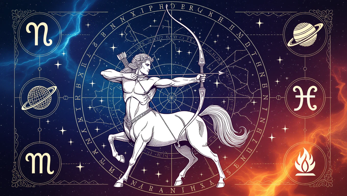 Nyilas szimbólum, centaur alakban, íjjal a csillagok felé mutatva.