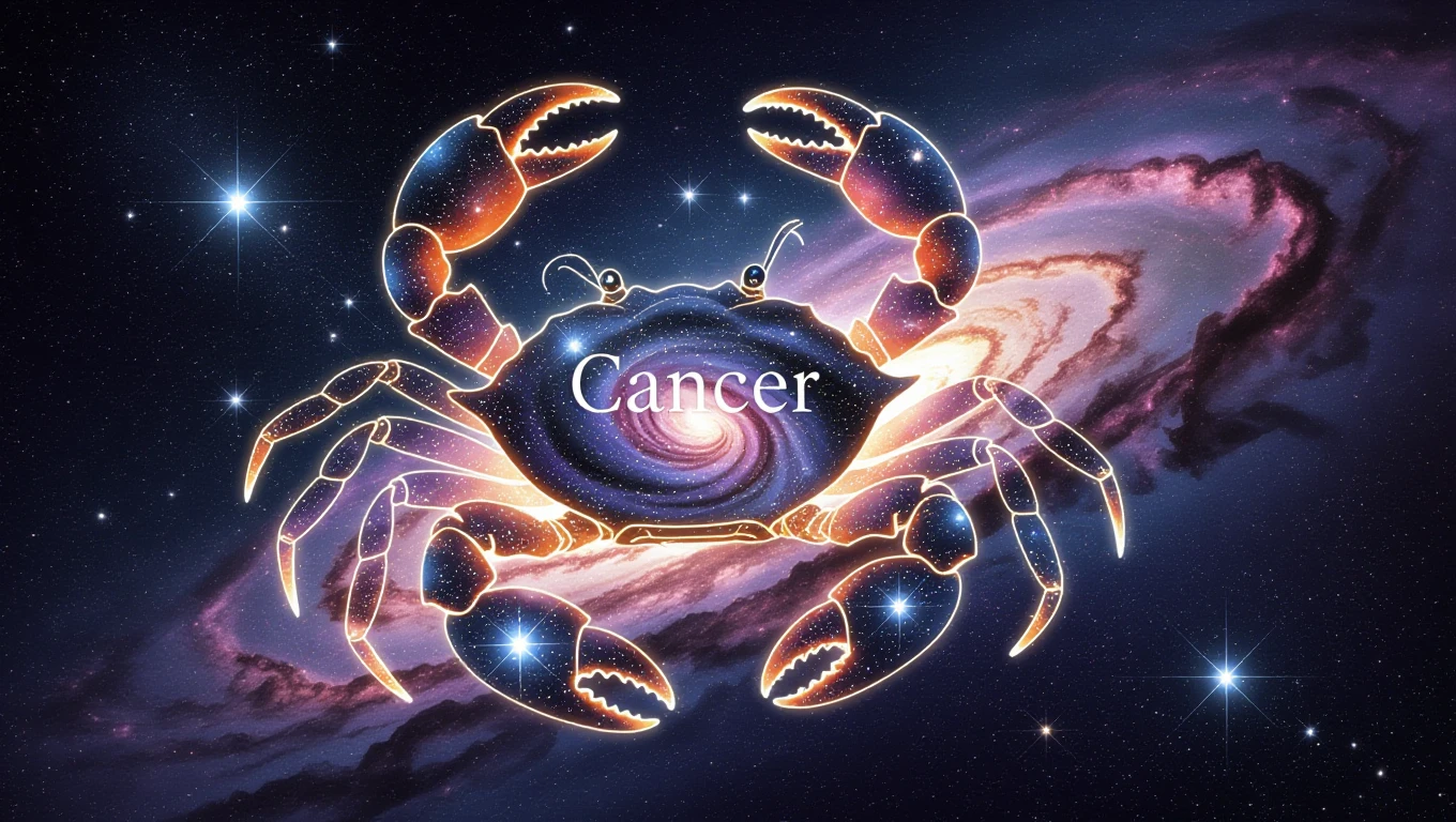 Egy csillagképet ábrázoló rák, háttérben galaxisokkal és csillagokkal.