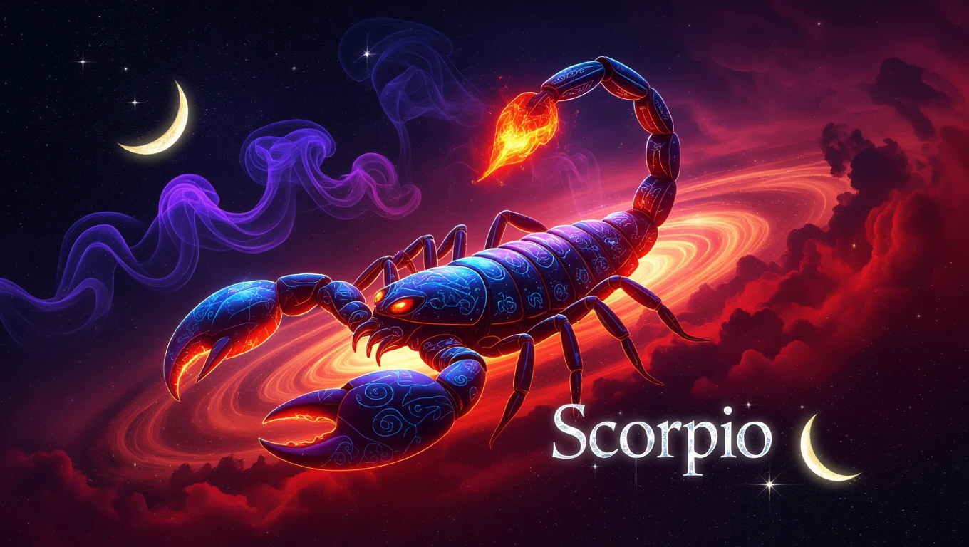 Színes, stilizált skorpió a csillagos ég alatt, misztikus háttérrel.