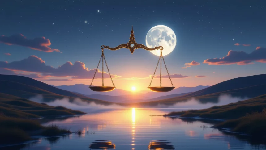 Egy arany mérleg a naplementében, a víz tükröződésével és a hold fényével.