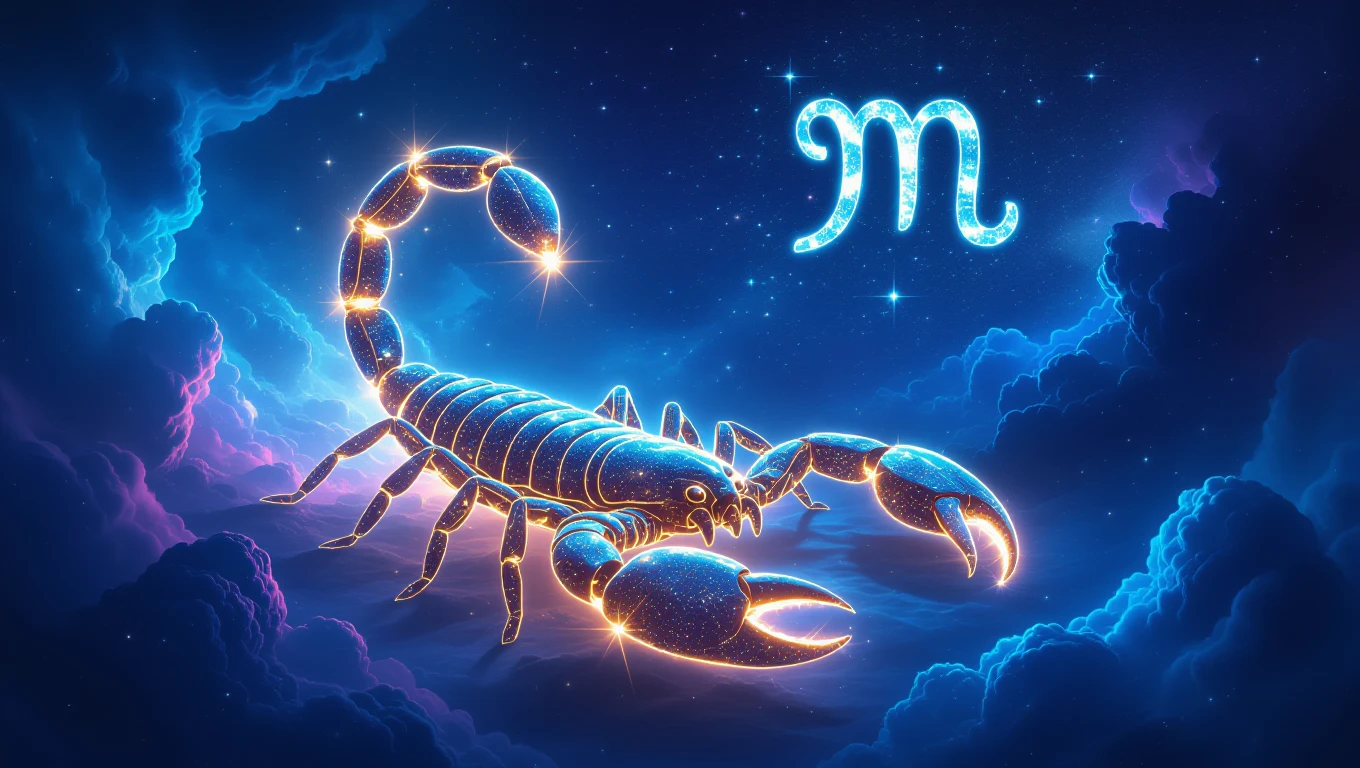 Egy csillagokkal díszített skorpió, amely a galaxis mélyén lebeg.