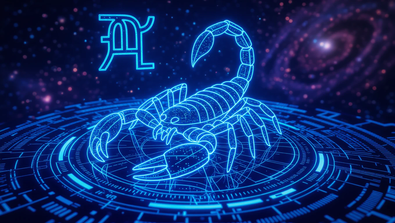 Kék neon skorpió ábrázolás, csillagokkal és galaxis háttérrel.