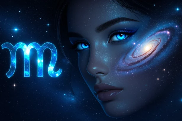 Egy női arc, amely a csillagok között tündöklő galaxisra néz, kék szemekkel.