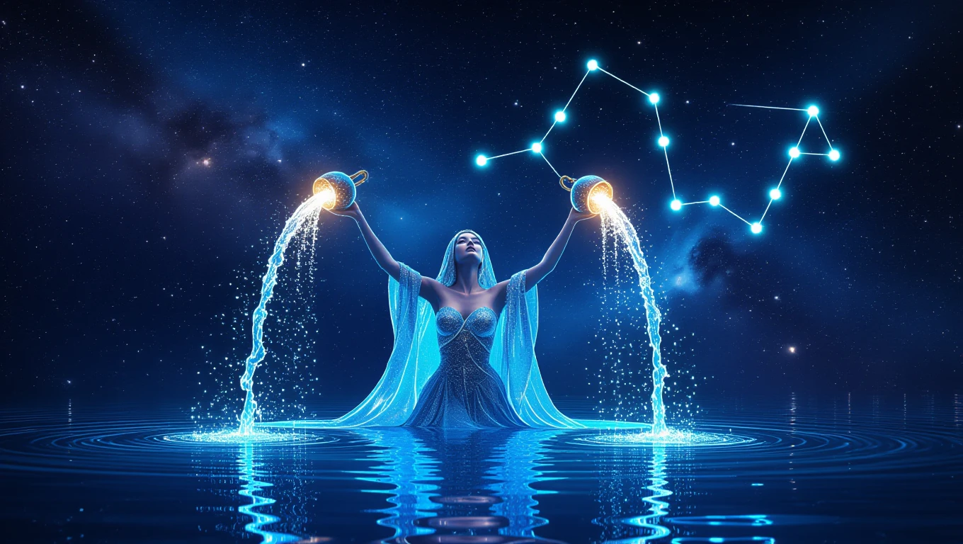 Egy női figura vízöntő szimbólummal, vízfolyással a kezében, csillagos háttér előtt.