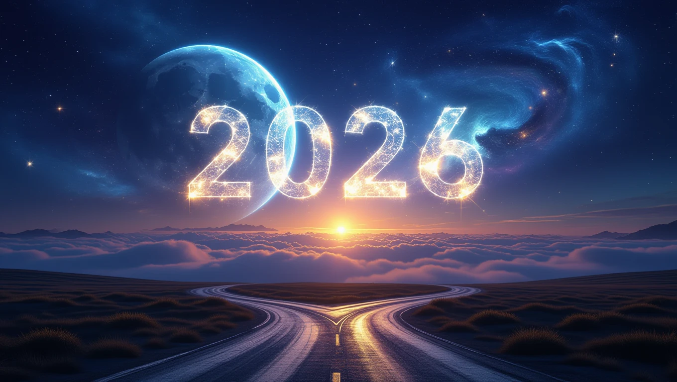 A 2026-os év számát csillagfény díszíti, háttérben a felkelő nap és a felhők.