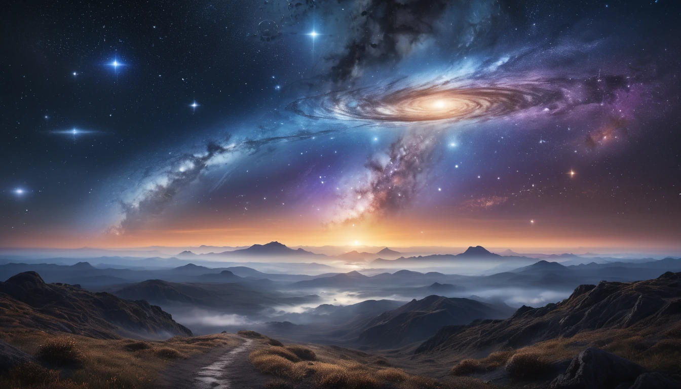 Csillagokkal teli égbolt és galaxis a naplementében, hegyekkel a háttérben.