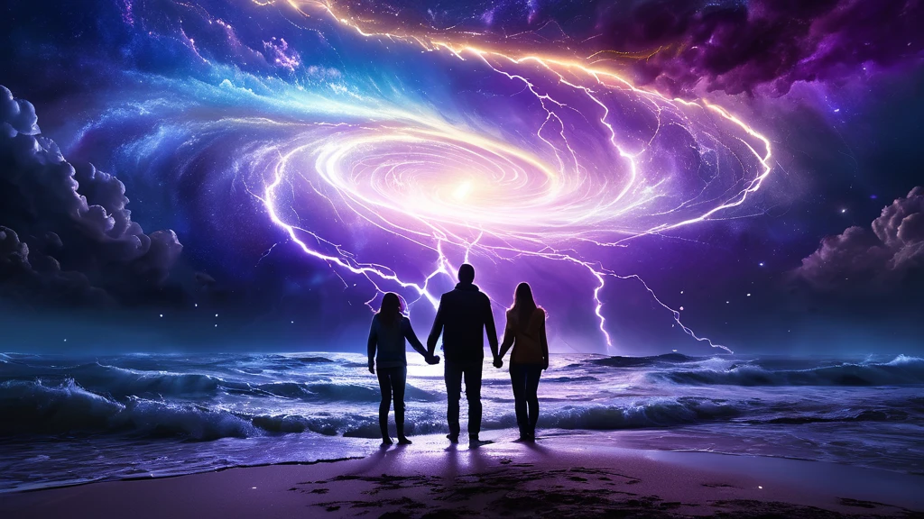 Három ember áll a tengerparton, miközben egy energikus galaxis és villámok láthatók az égen.