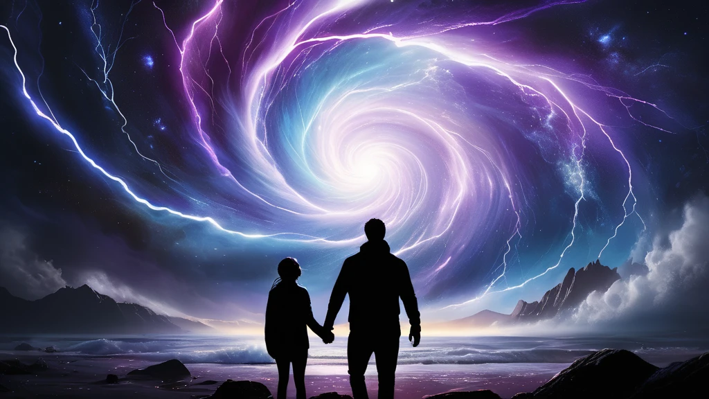 Két ember áll egy energiavihar előtt, a háttérben színes fények és spirális formák láthatók.