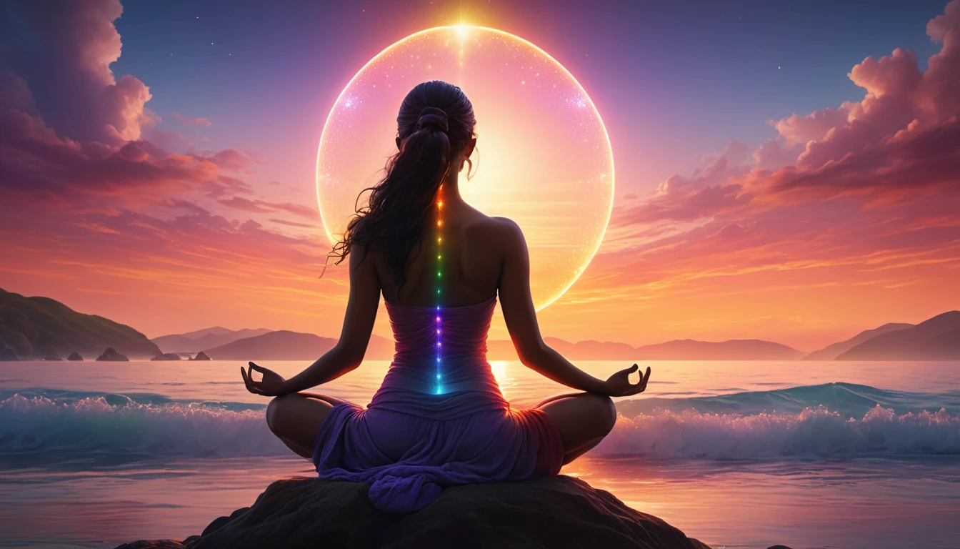 Egy meditáló nő ül a tengerparton, csakrái színesen világítanak a háttérben.