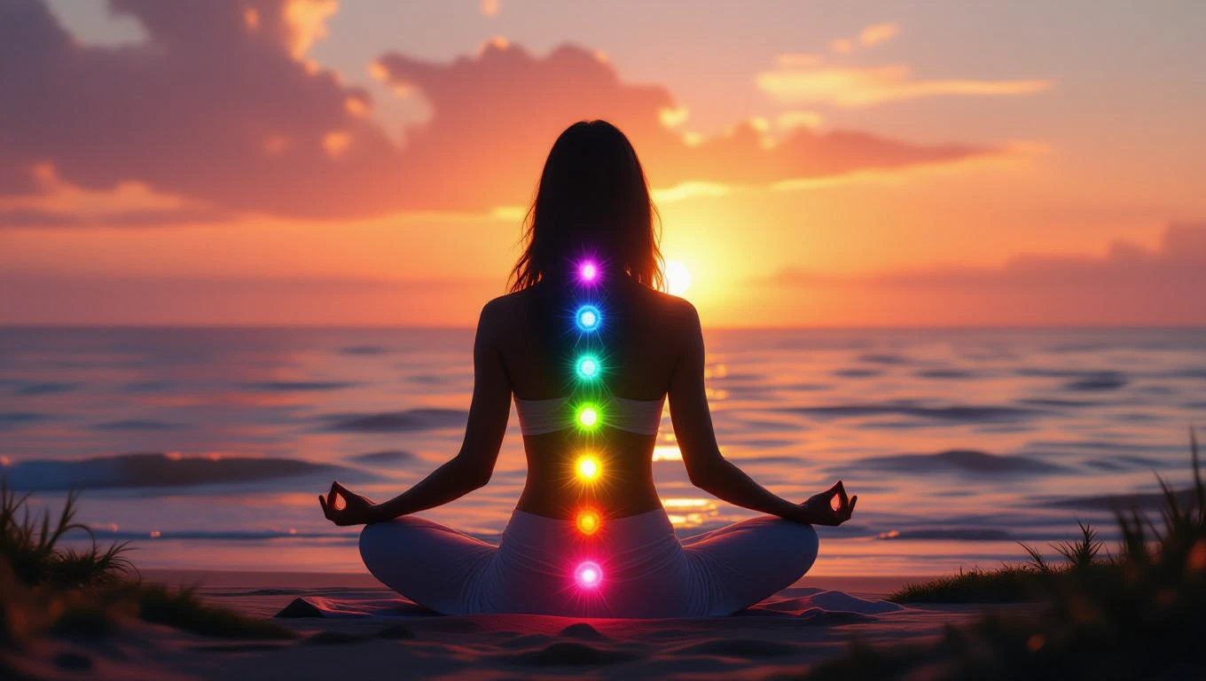Egy nő meditál a tengerparton, csakrái színesen világítanak a háttérben.