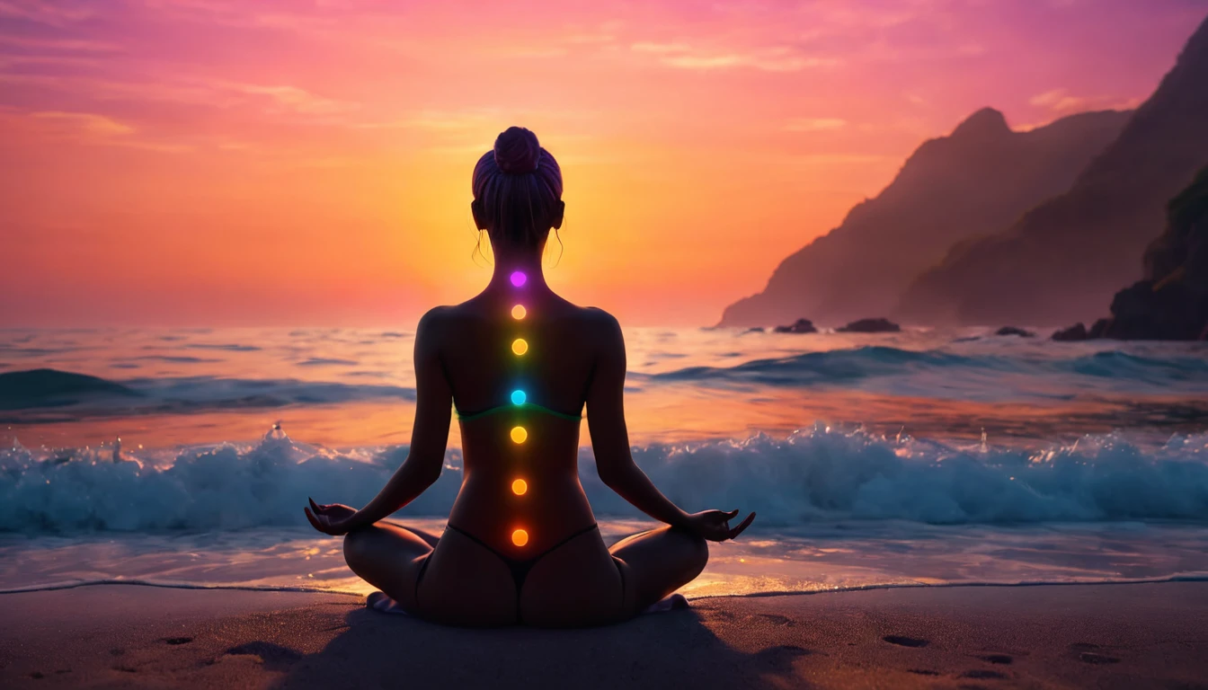 Egy nő meditál a tengerparton, csakrái színes fényekkel kiemelve.