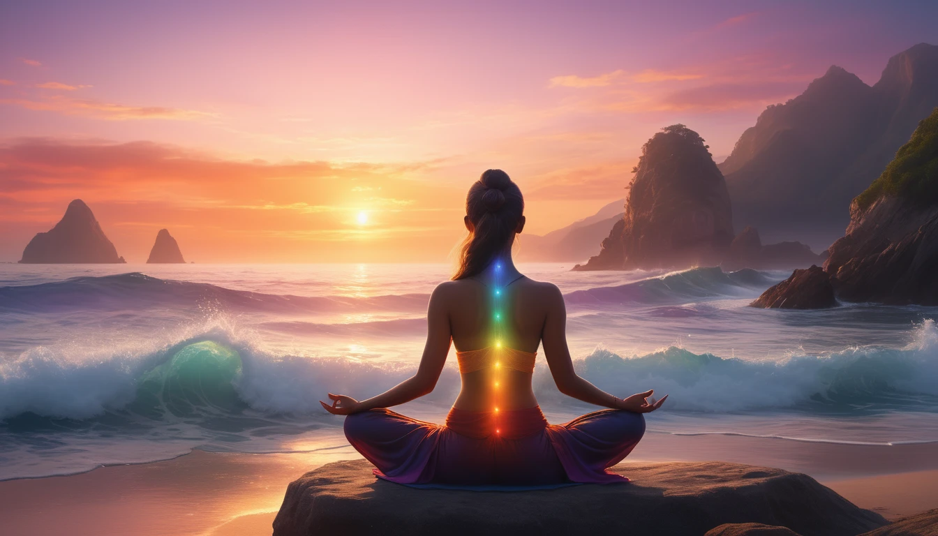 Egy nő meditál a tengerparton, csakrái színesen világítanak a naplementében.