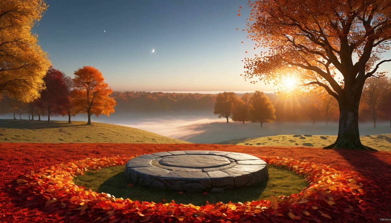 Őszi táj, színes falevelek, napfelkelte és köd a horizonton.