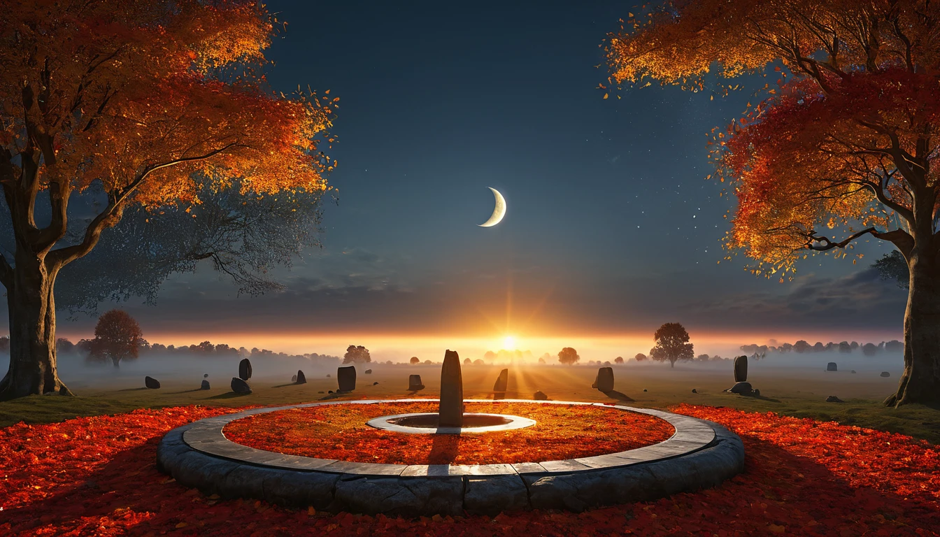 Őszi táj, arany és vörös levelek, napfelkelte és hold a horizonton.