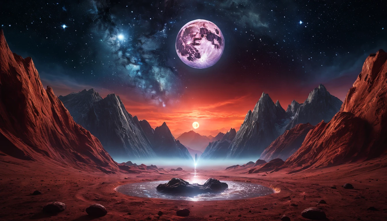 Egy színes, kozmikus táj, ahol a dupla Szűz újhold és a Mars látható a háttérben.