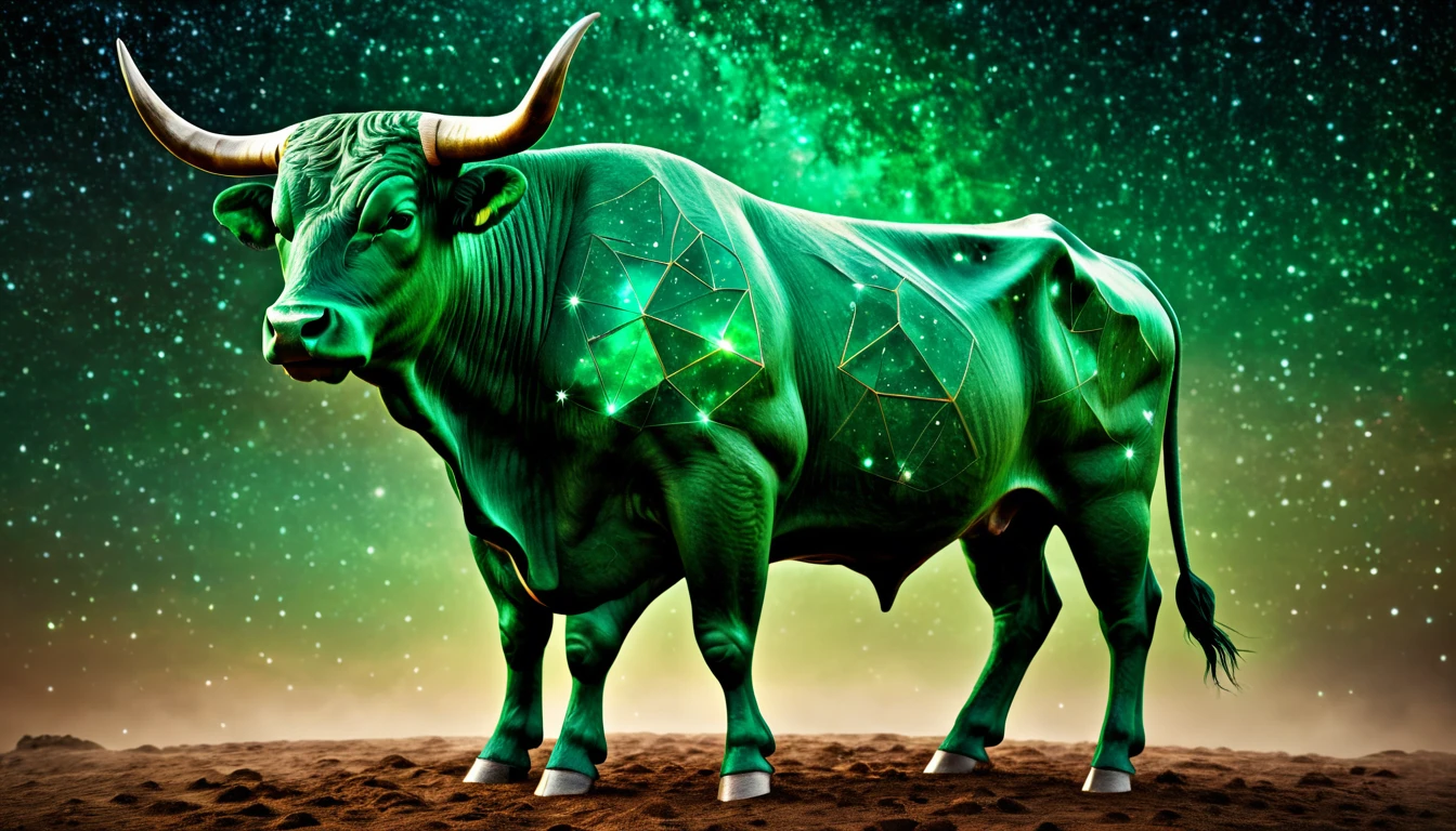 Zöld színű bika csillagképekkel a testén, csillagos háttér előtt.
