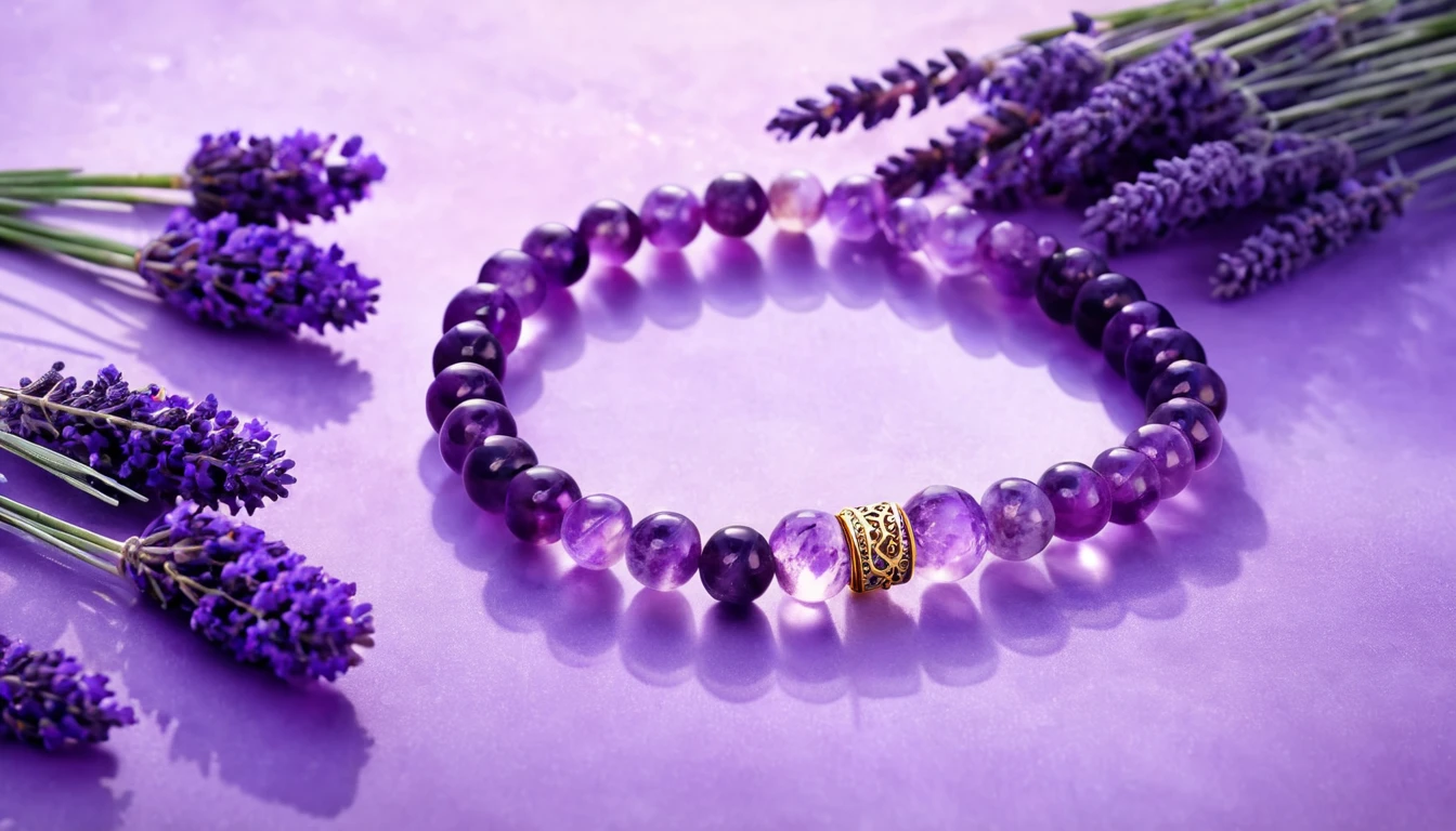 Ametiszt karkötő hatása – a nyugalom és harmónia köve Ametiszt karkötő lila gyöngyökkel, levendulával körülvéve egy világos háttéren.