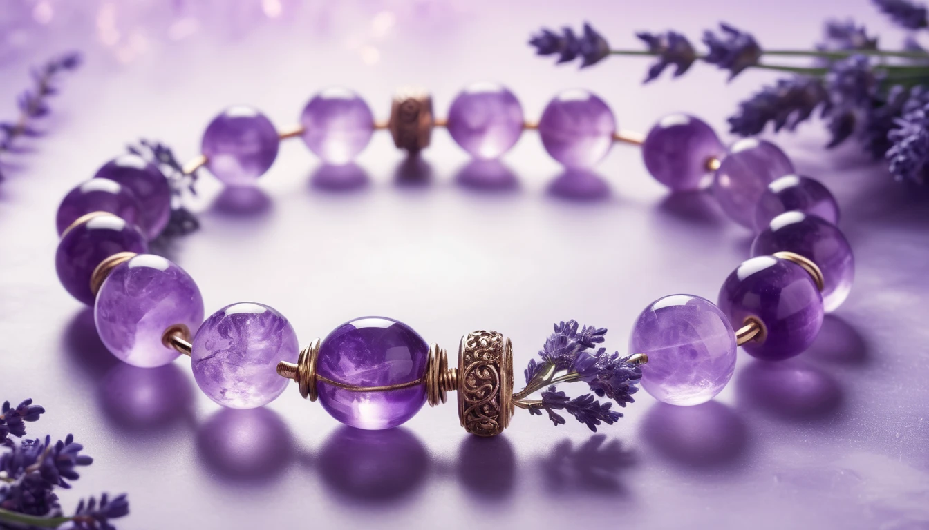 Ametiszt karkötő hatása – a nyugalom és harmónia köve Egy ametiszt karkötő, lila gyöngyökkel és arany díszítéssel, levendulával körülvéve.