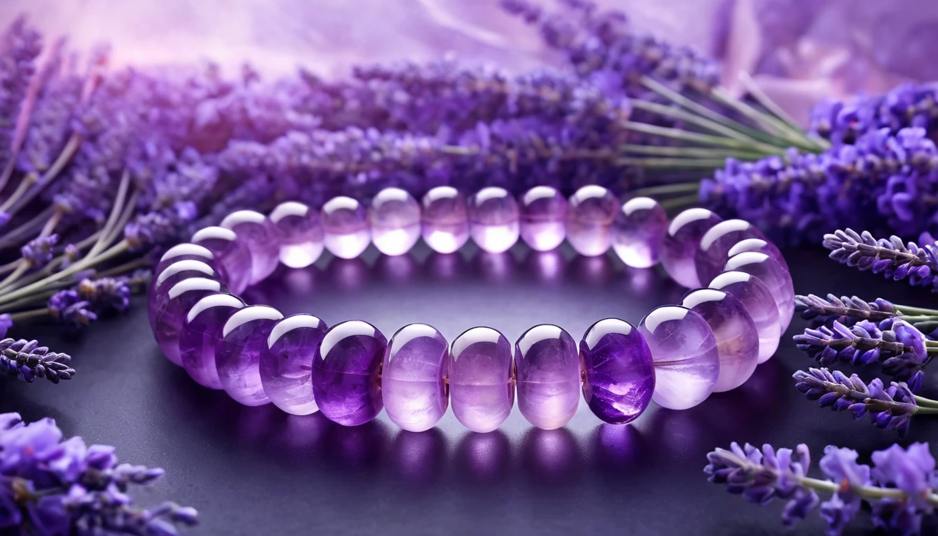 Ametiszt karkötő hatása – a nyugalom és harmónia köve Egy ametiszt karkötő lila gyöngyökkel, levendulával körülvéve.
