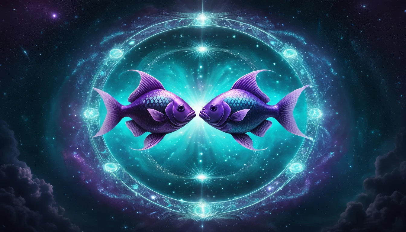 Áramlásban a testtel: A legjobb mozgásformák az álmodozó Halak számára. Két lila hal úszik egymás felé egy csillagokkal teli, misztikus háttér előtt.