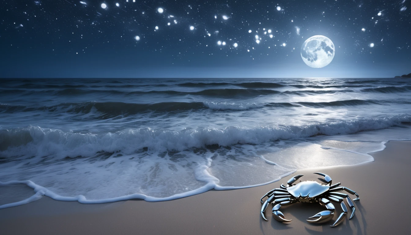 A gondoskodás hivatása: A 10 legjobb karrierút az empatikus Rák számára Egy ezüstszínű rák a tengerparton, háttérben csillagos ég és telihold.
