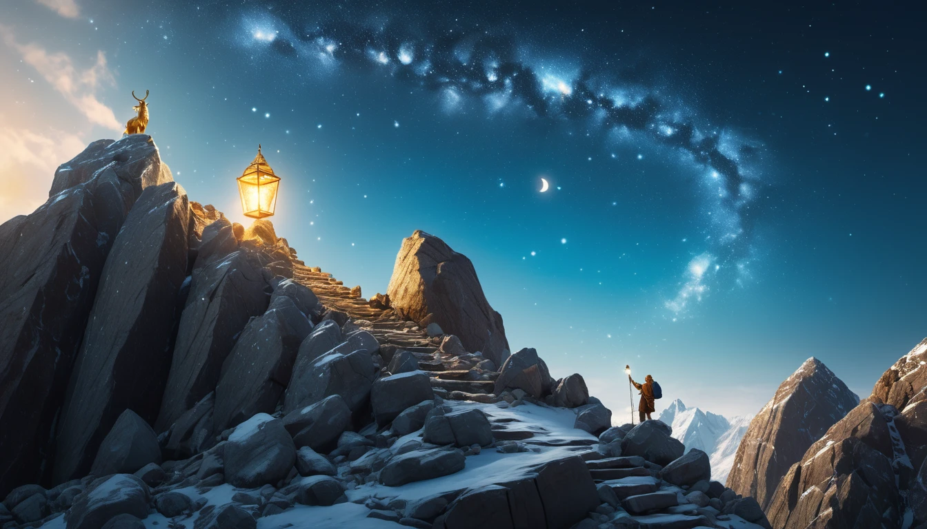Egy hegycsúcsra vezető lépcsősor, ahol egy ember lámpával áll, a háttérben csillagos égbolt.