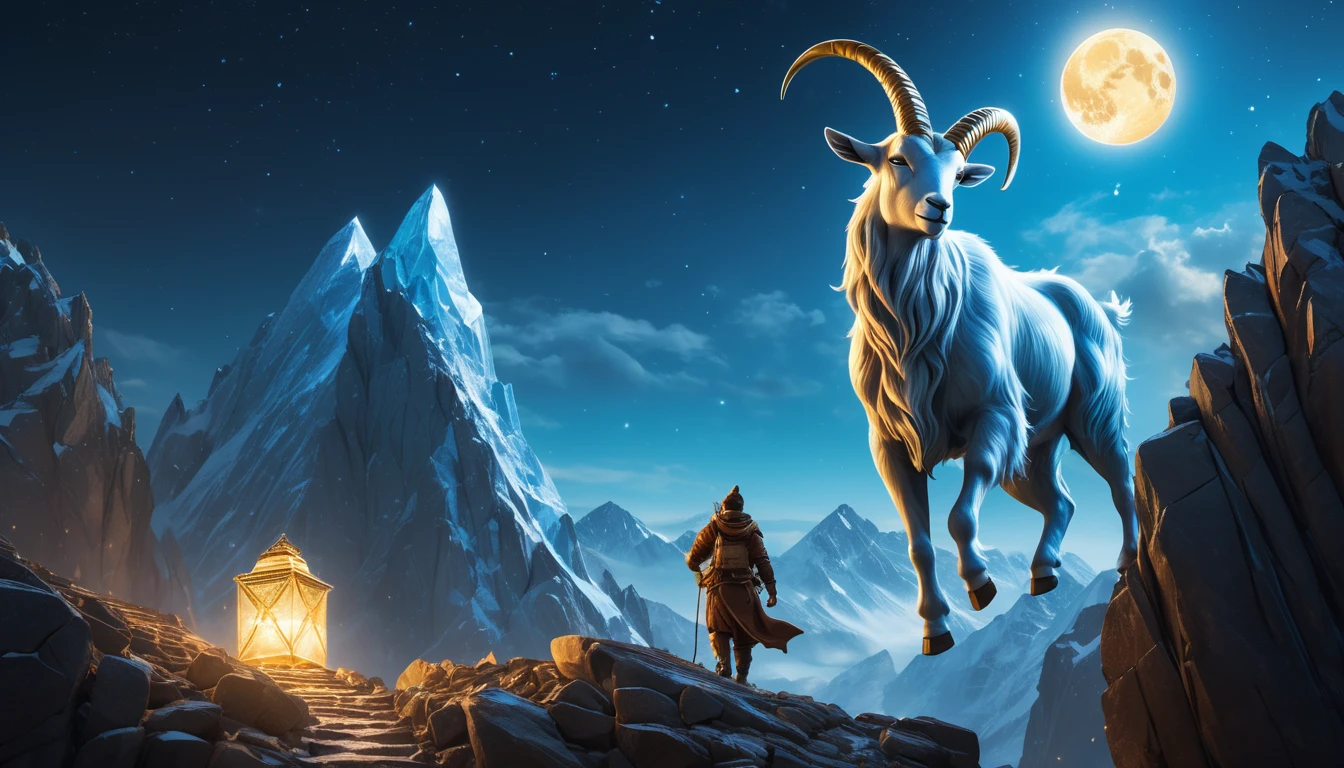 A Bak és a pénz: Hogyan épít birodalmat a zodiákus legcéltudatosabb stratégája? Egy hatalmas, fehér kecske áll a hegyek között, a háttérben csillagos ég és telihold látható.