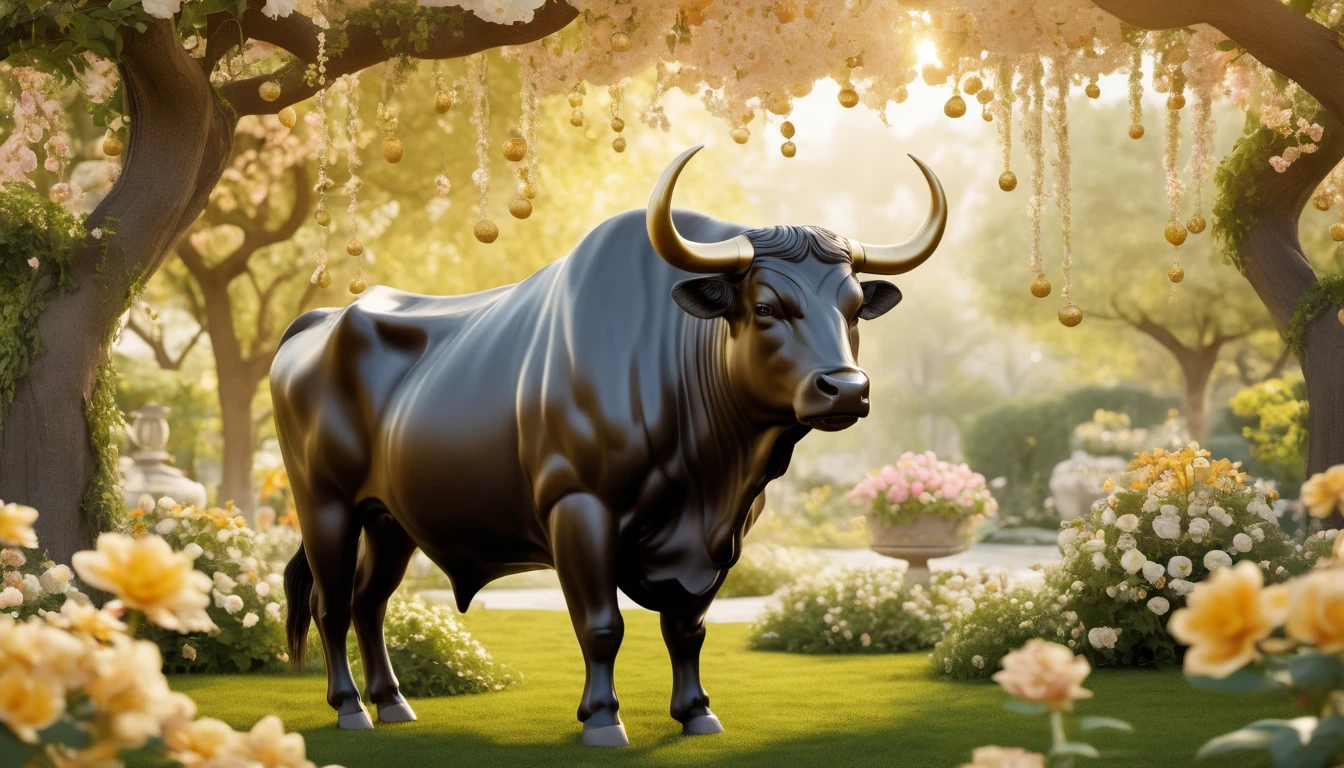 Egy fekete bika áll egy virágos kertben, napfényben fürödve.