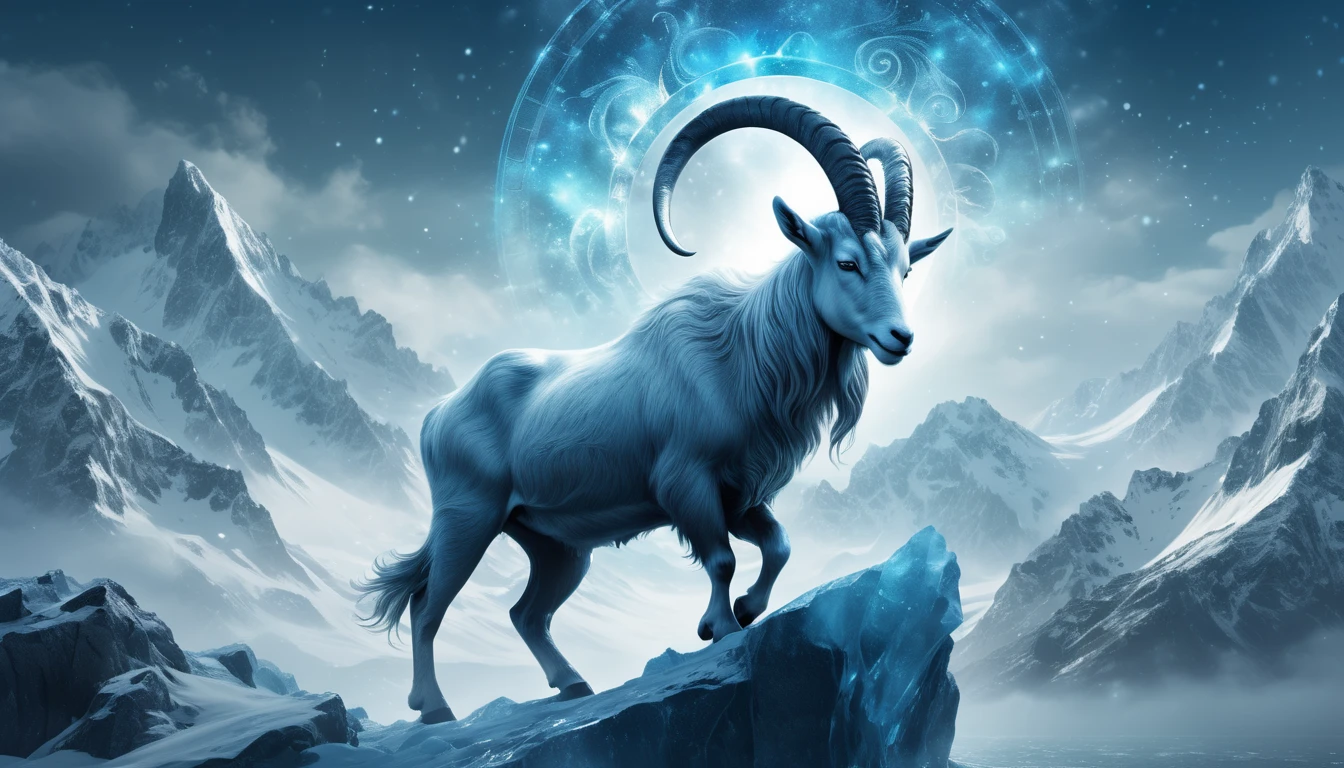 Céltudatos edzés: A legjobb sportok a kitartó Bak számára, a sziklamászástól a maratonig. Egy hegyvidéki tájon álló fehér kecske, a Bak jegy szimbóluma.