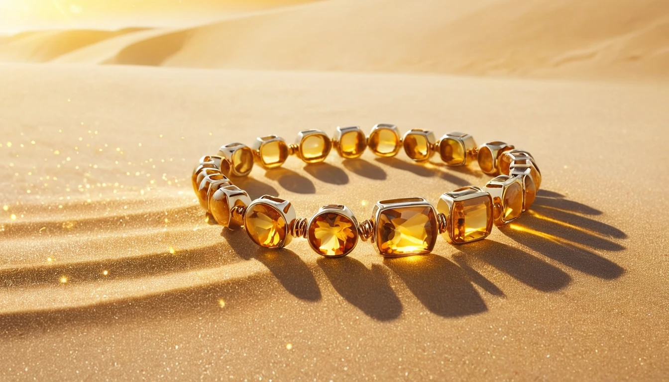 Citrin karkötő hatása – a bőség és pozitív energia köve Egy gyönyörű citrin karkötő, arany színű fémmel, homokos háttér előtt.