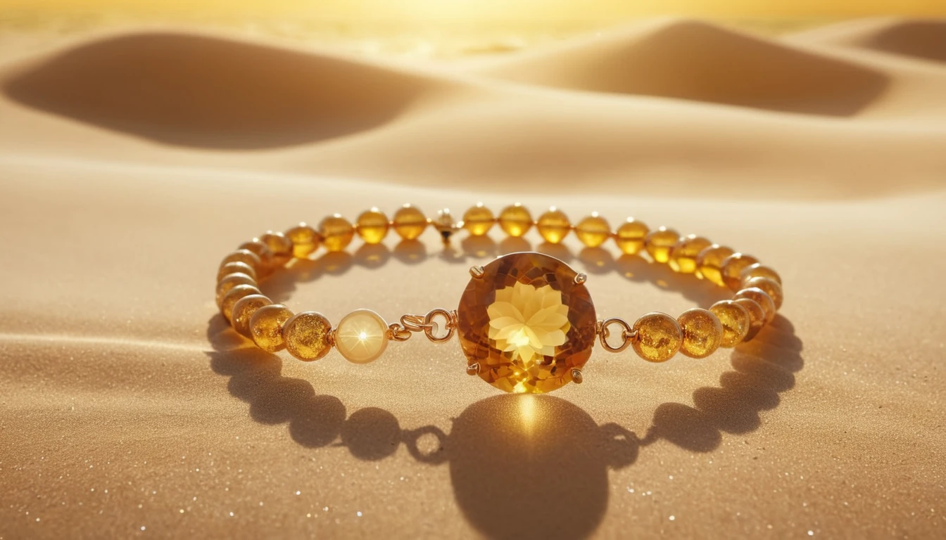 Citrin karkötő hatása – a bőség és pozitív energia köve Egy gyönyörű citrin karkötő, aranyszínű kövekkel, homokos háttérben.