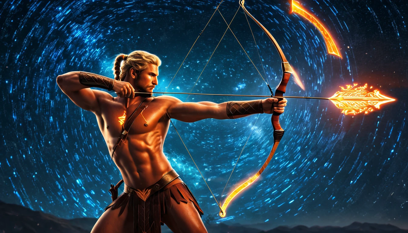 Egy férfi íjászként céloz, háttérben csillagos égbolt és mozgás hatása.
