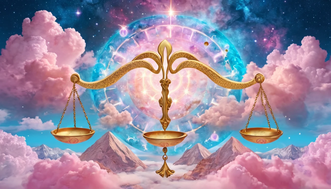 Arany mérleg a felhők között, asztrológiai szimbólumokkal a háttérben.