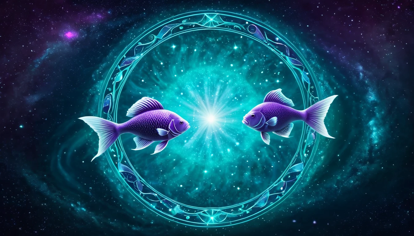 Hogyan védekezik a Halak a külvilág stressze ellen? Tippek az érzelmi túlterhelődés ellen. Két lila hal úszik egy csillagos háttér előtt, szimbolizálva a Halak érzékenységét.