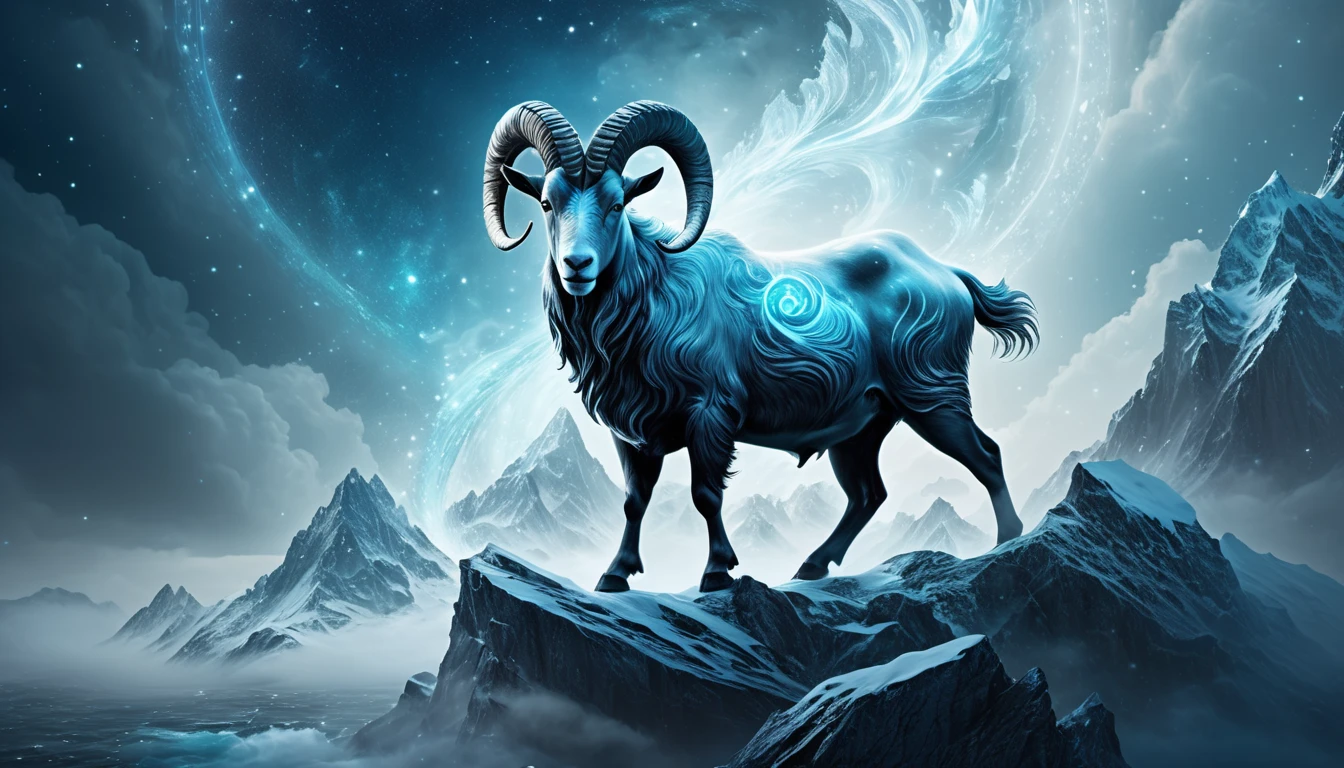 Egy kék árnyalatú kos áll a hegycsúcson, csillagokkal teli éjszakai háttér előtt.